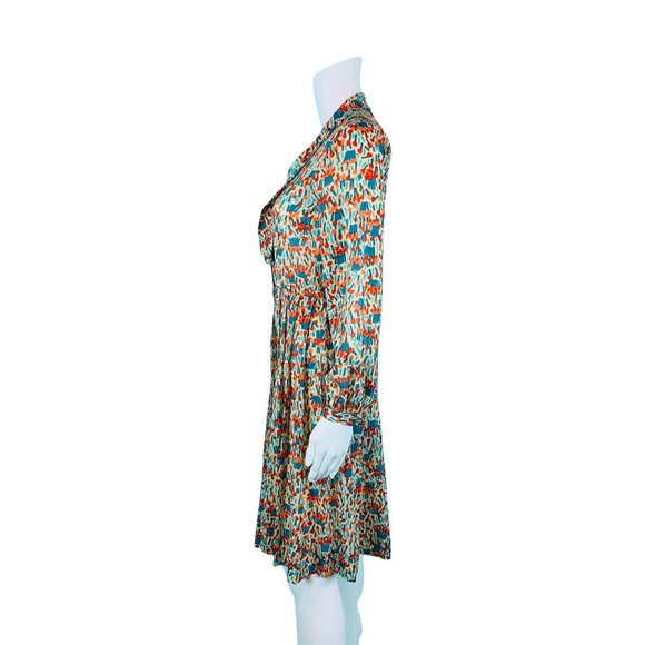 Vintage 1980s Silk Shirtdress Necktie Red Orange Blue Artistic Printed Dress - Picture 7 of 10
